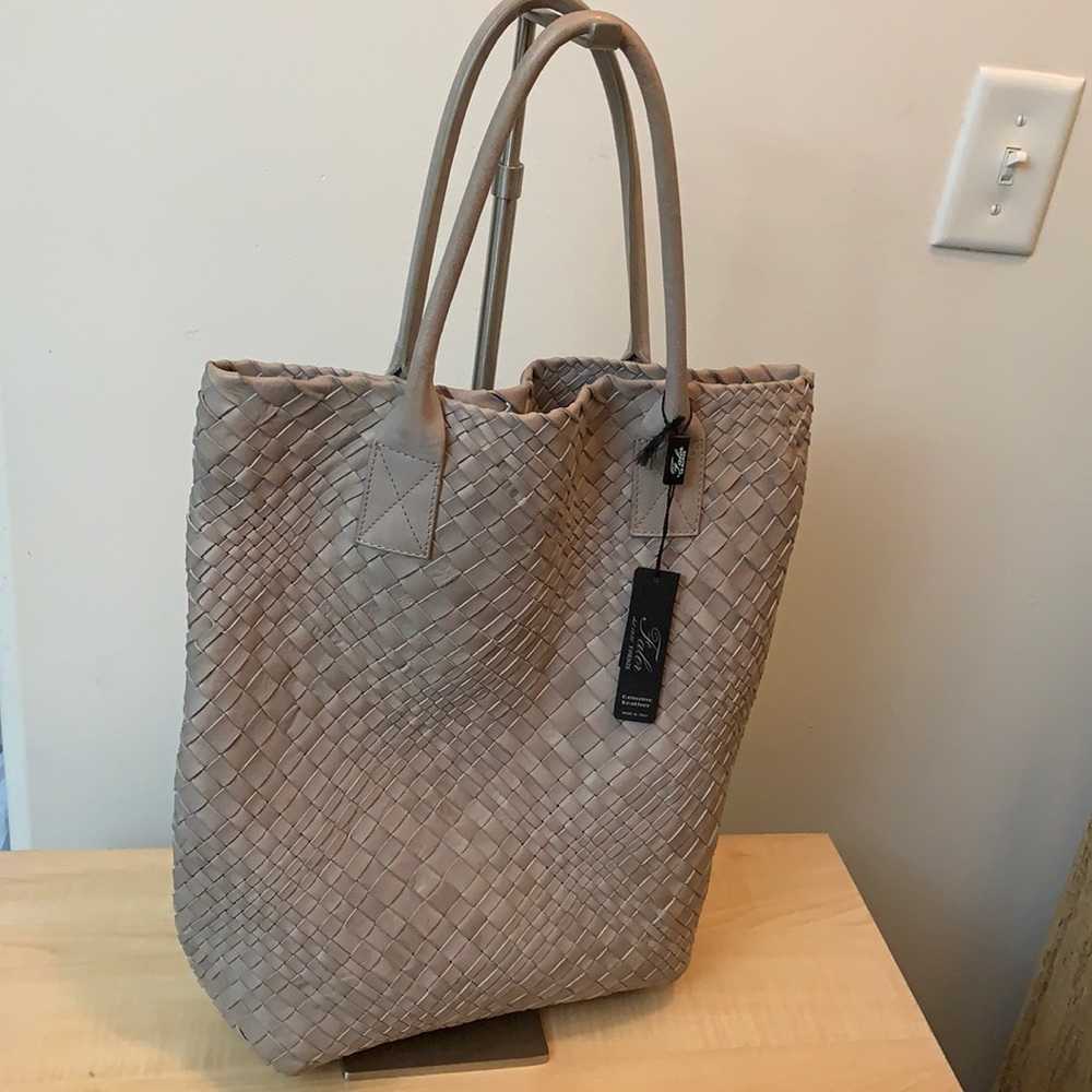 Falor Taupe Woven Italian Leather Tote w/Lined Leather Zip Bag - 16 x14